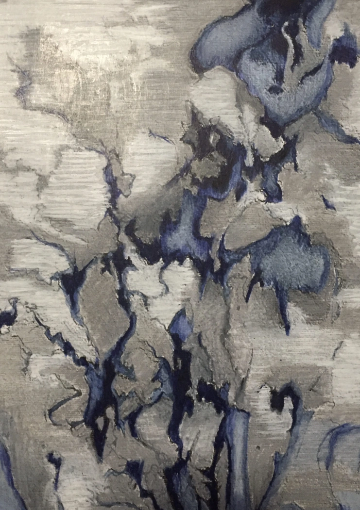 A painting of a gray and blue abstract pattern.