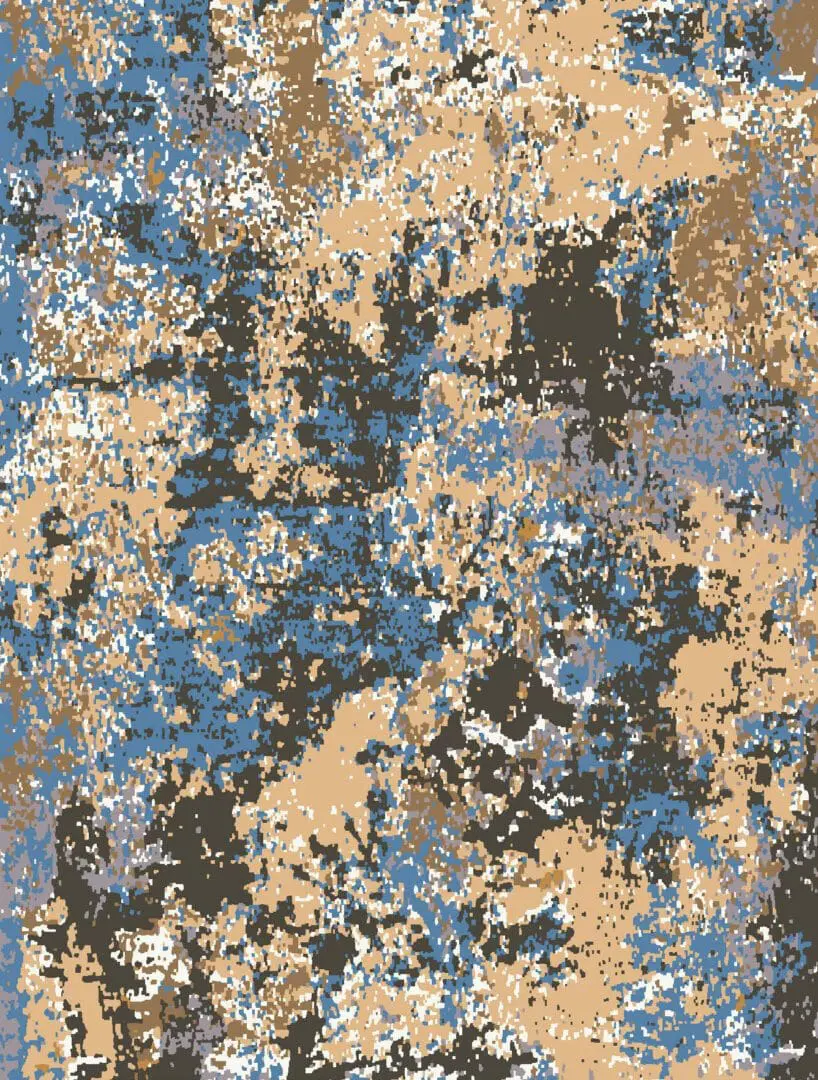 A blue and brown abstract painting with some white spots