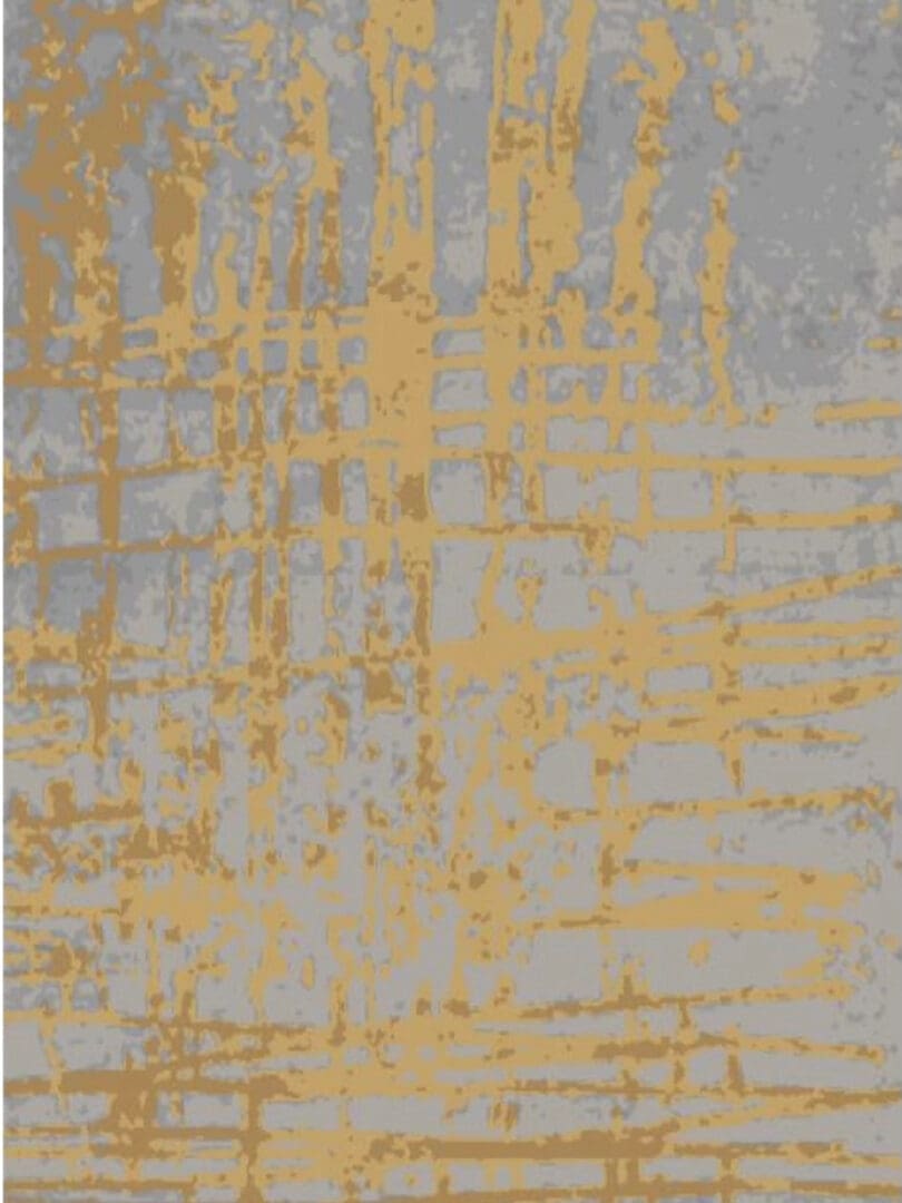 A gray and yellow abstract painting with gold accents.