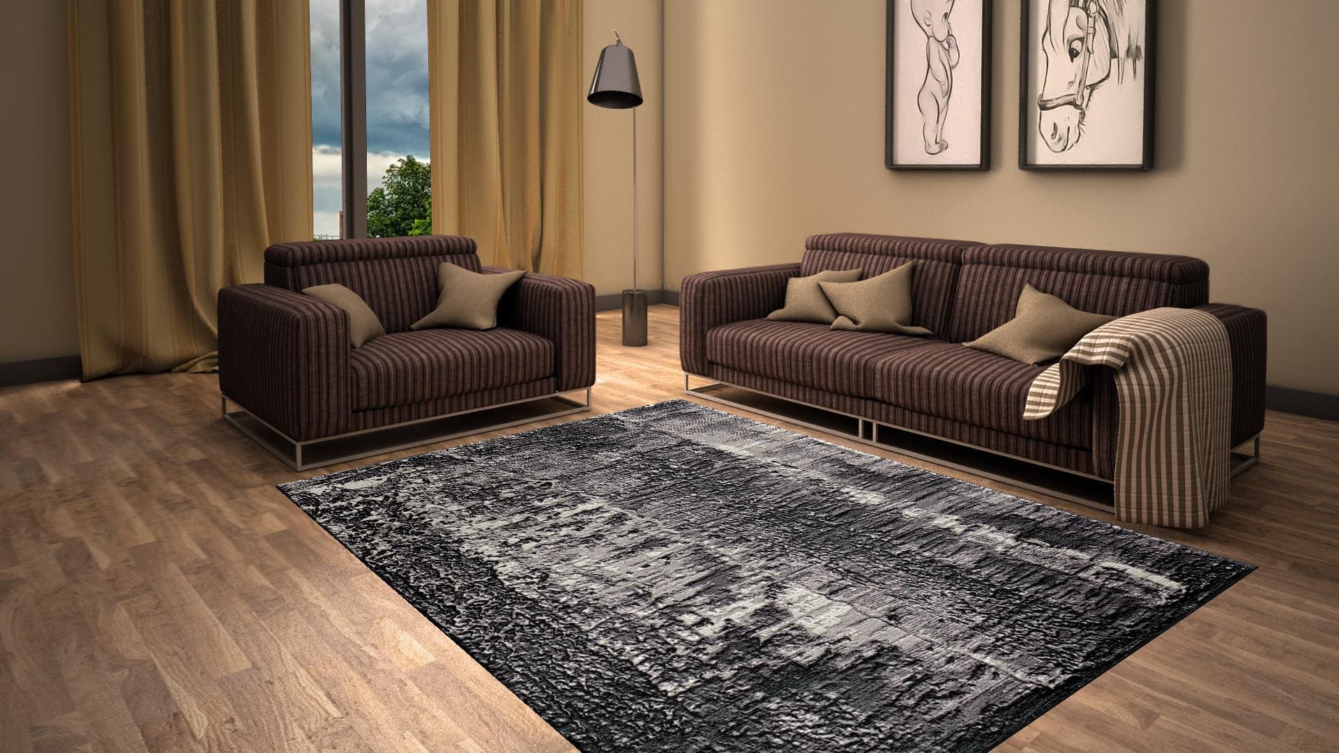 A living room with two couches and a rug